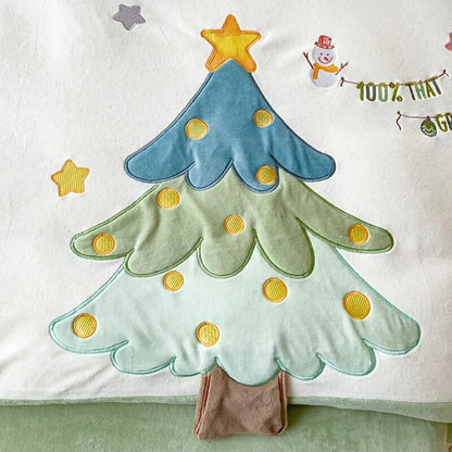 White Star Christmas Tree Embroidered Lucky Child Kids Duvet Cover Set, Velvet Soft Bedding Set