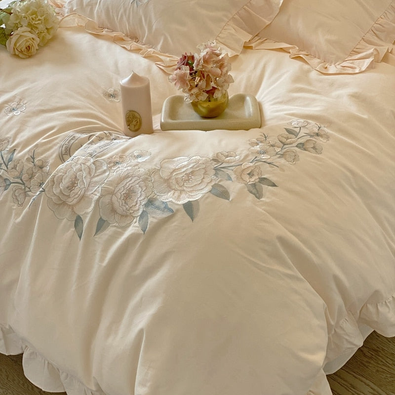 Premium Flower Autumn Europe French Romantic Ruffle Duvet Cover, 100% Cotton Brushed Bedding Set