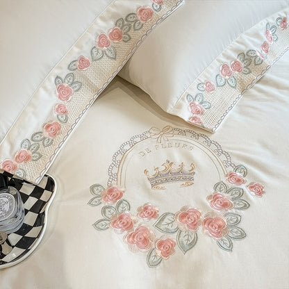 Premium White Rose Autumn Winter Chic Flowers Wedding Duvet Cover Set, 100% Egyptian Cotton Bedding Set