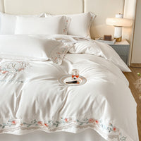 Thumbnail for White Pink Autumn Winter Warm Chic Rose Flowers Embroidery Duvet Cover, Polyester Bedding Set