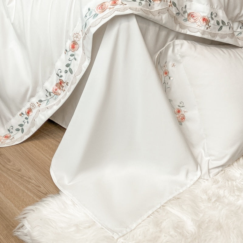 White Pink Autumn Winter Warm Chic Rose Flowers Embroidery Duvet Cover, Polyester Bedding Set