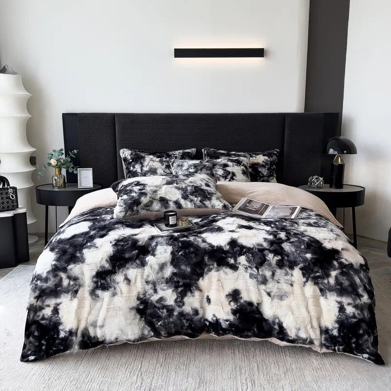 Black White Gradient Soft Faux Fur Velvet Fleece Nordic Duvet Cover Bedding Set