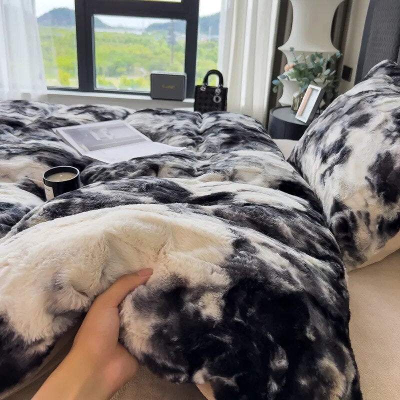 Black White Gradient Soft Faux Fur Velvet Fleece Nordic Duvet Cover Bedding Set