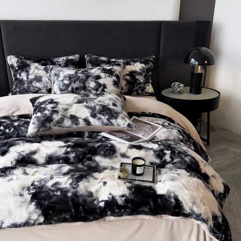 Black White Gradient Soft Faux Fur Velvet Fleece Nordic Duvet Cover Bedding Set