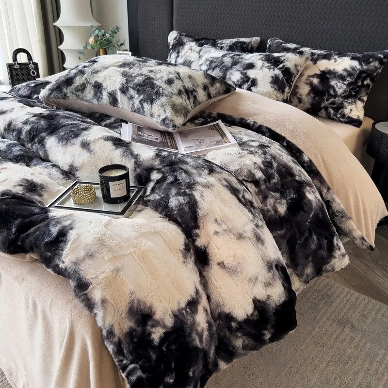 Black White Gradient Soft Faux Fur Velvet Fleece Nordic Duvet Cover Bedding Set