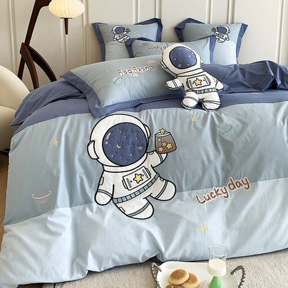 Blue Cartoon Astronaut Lucky Embroidered Boys Duvet Cover, Washed Cotton Bedding Set
