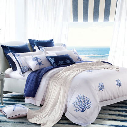Blue White Coral Embroidered Premium Silky Soft Duvet Cover Set, Egyptian Cotton 500 Thread Count Bedding Set