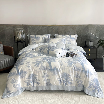 Blue White Premium Europe Tropical Plant Printed Duvet Cover Set, Ice Silk 600TC Bedding Set