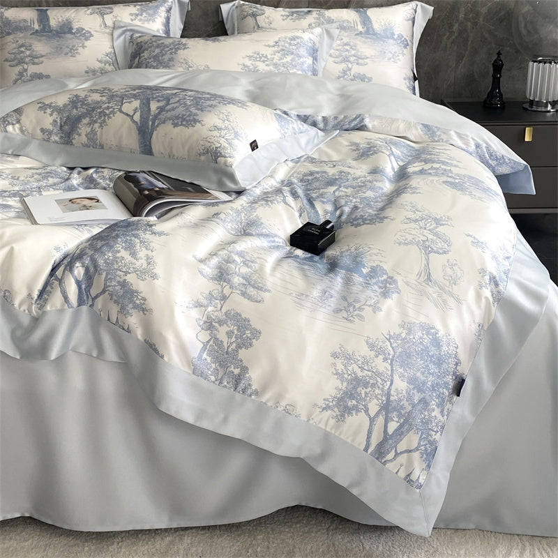 Blue White Premium Europe Tropical Plant Printed Duvet Cover Set, Ice Silk 600TC Bedding Set