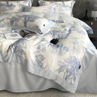 Thumbnail for Blue White Premium Europe Tropical Plant Printed Duvet Cover Set, Ice Silk 600TC Bedding Set