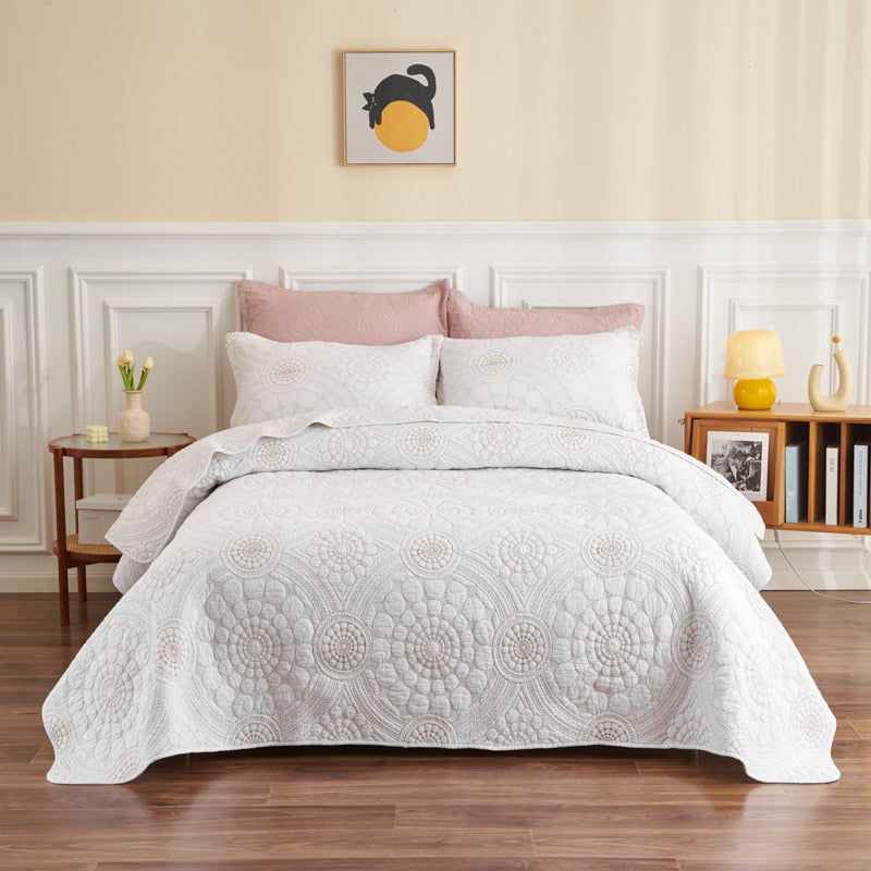 Bohemian White Beige Embroidered Cotton Hotel Bedspread Coverlet Bedding Set