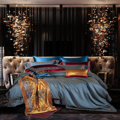 Luxury Red Dragon Silk Jacquard Patchwork Wedding Duvet Cover Set, Egyptian Cotton 1200TC Bedding Set