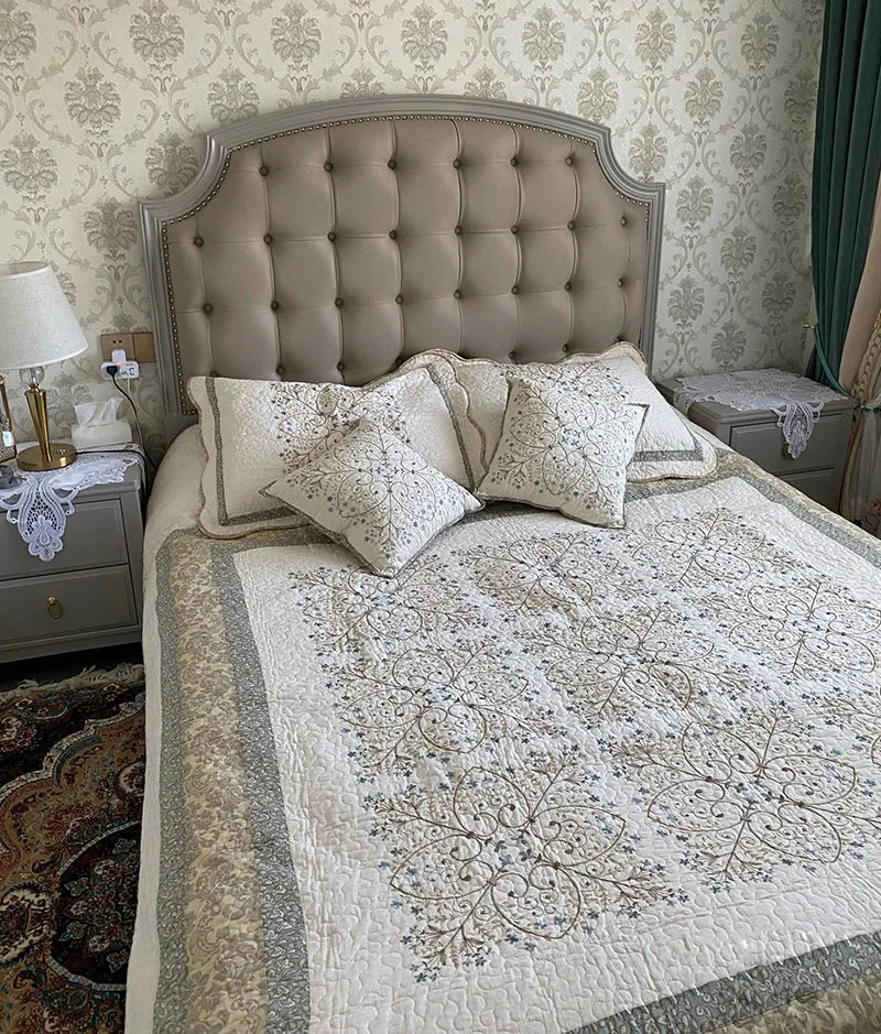 Beige Country Embroidered Washed Cotton Quilt Bedspread on Bedding Set