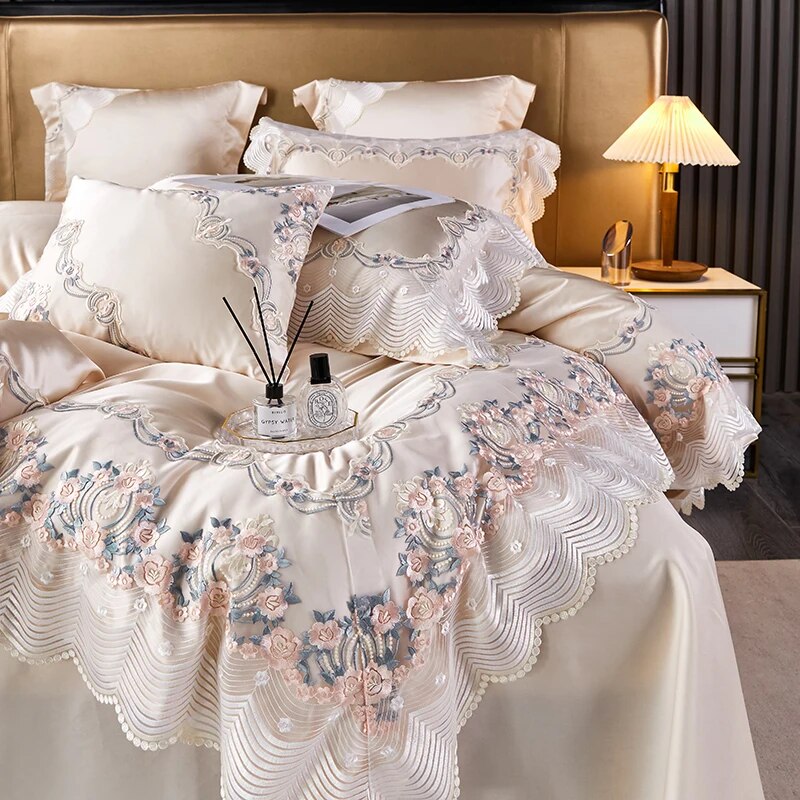 Champagne Pink Luxury French Wedding Embroidery Silk Europe Palace Duvet Cover, Egyptian Cotton 1200TC Bedding Set