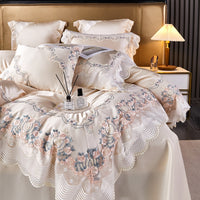 Thumbnail for Champagne Pink French Luxury Wedding Lace Silky Duvet Cover Set, Egyptian Cotton 1200TC Bedding Set