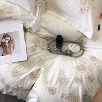 Thumbnail for Vintage Champagne Gold Flowers Embroidery Duvet Cover Set, 100% Cotton Bedding set