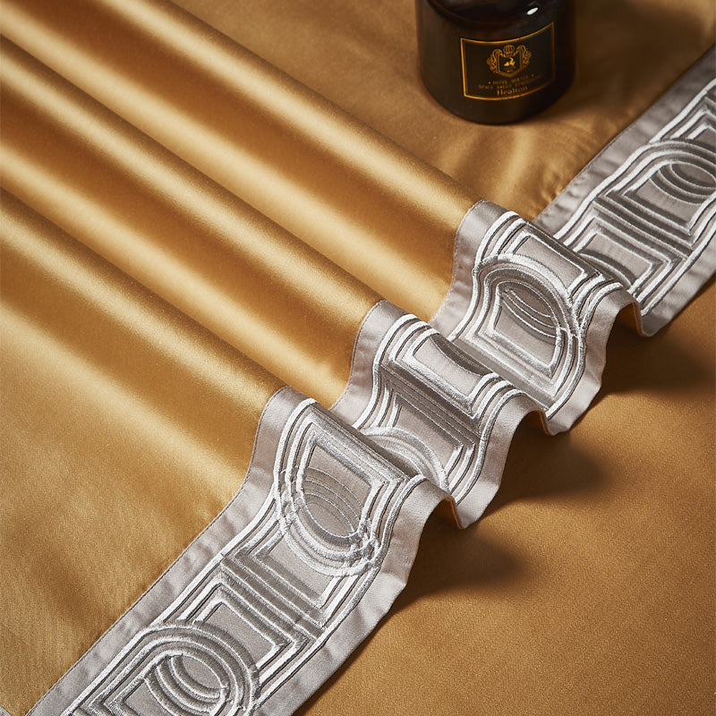 Champagne Gold Premium Chic Embroidered Duvet Cover Set, Egyptian Cotton 1000TC Bedding Set