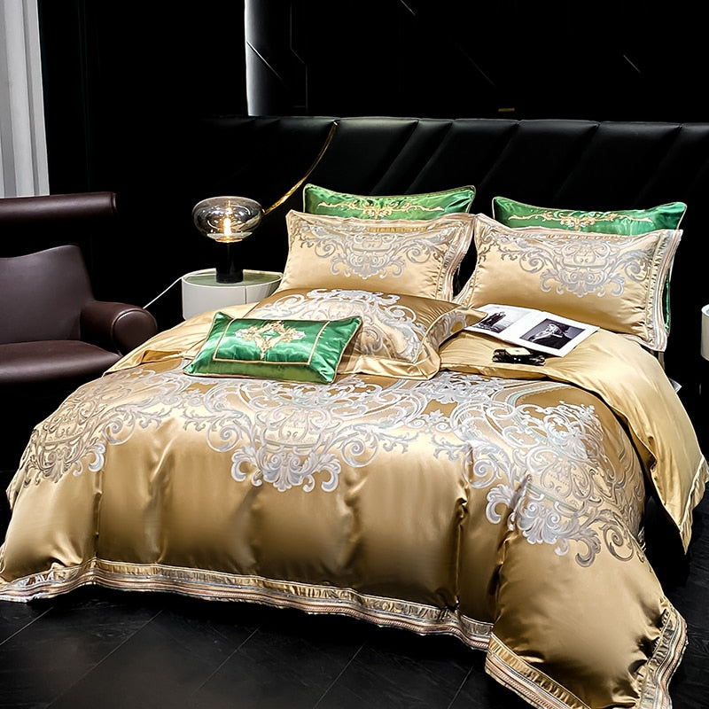 Gold Champagne Vintage Luxury European Silky Jacquard Egyptian Cotton 1000TC Duvet Cover Bedding Set
