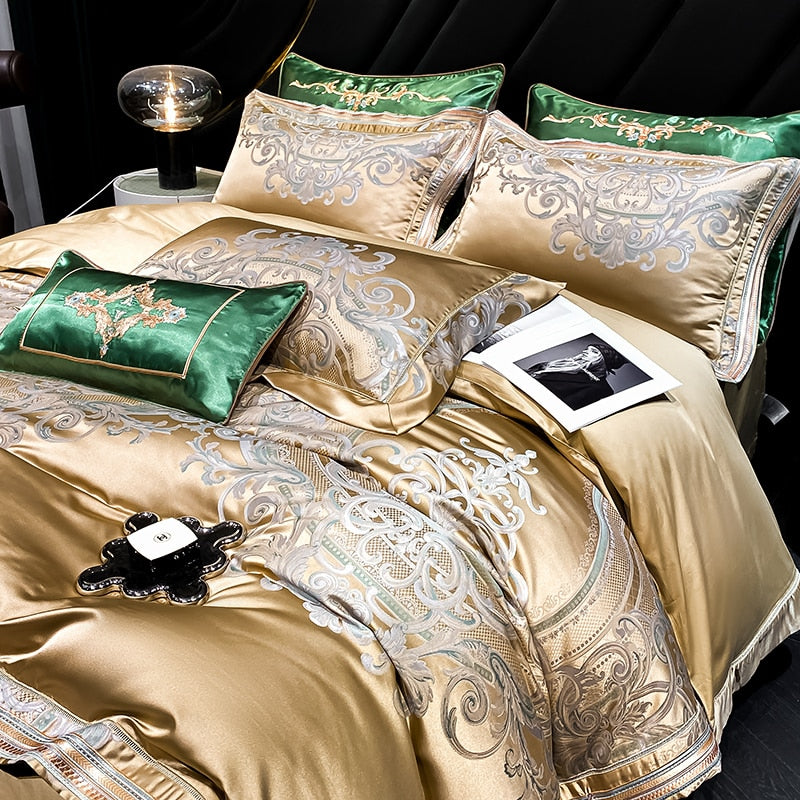 Gold Champagne Vintage Luxury European Silky Jacquard Egyptian Cotton 1000TC Duvet Cover Bedding Set