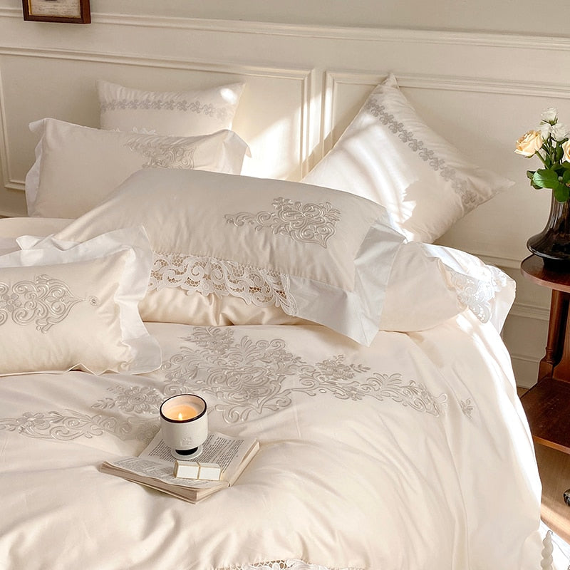 White Champagne Premium Hollow Lace Edge Embroidered Soft Duvet Cover, 1200tc Egyptian Cotton Bedding Set