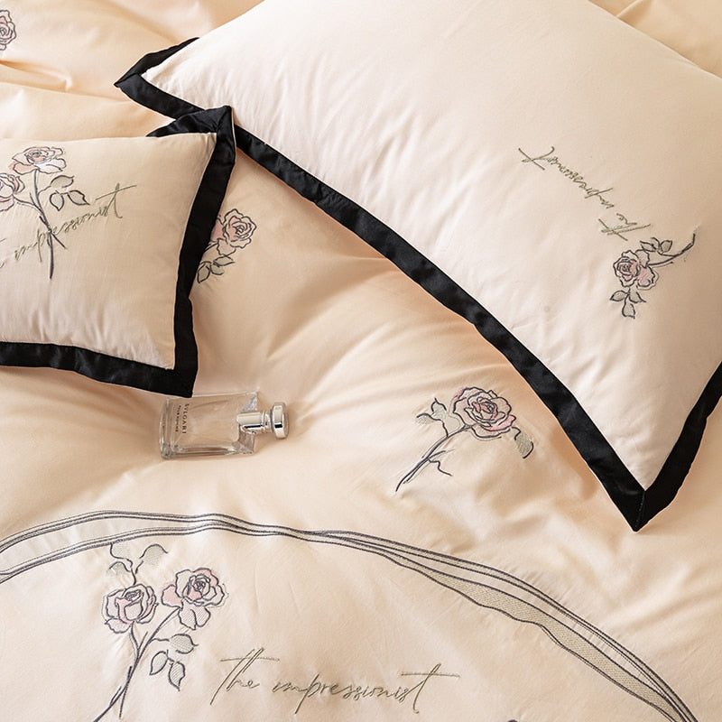 Vintage Black Rose Flowers Egyptian Cotton 600TC Embroidered Duvet Cover Bedding Set