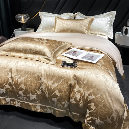 Gold White Luxury European Palace Satin Jacquard Egyptian Cotton 1000TC Duvet Cover Bedding Set