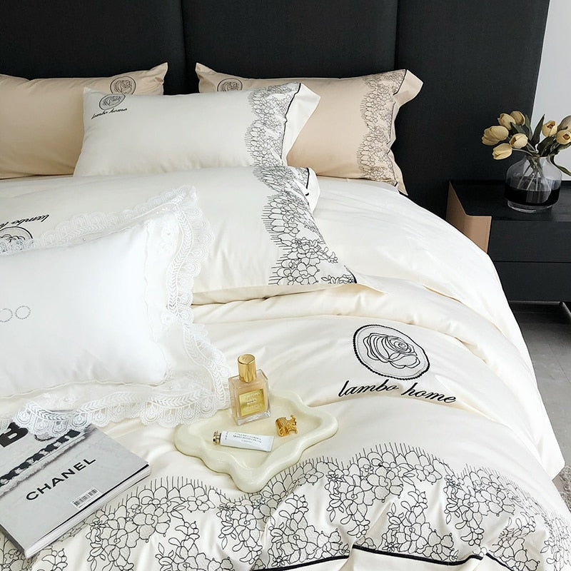 Chic White Black Europe Lace Embroidery Soft Duvet Cover, 1000TC Egyptian Cotton Bedding Set