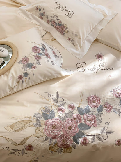 Chic Rose Flowers French Embroidered Curved Edge Duvet Cover, Egyptian Cotton 1000TC Bedding Set