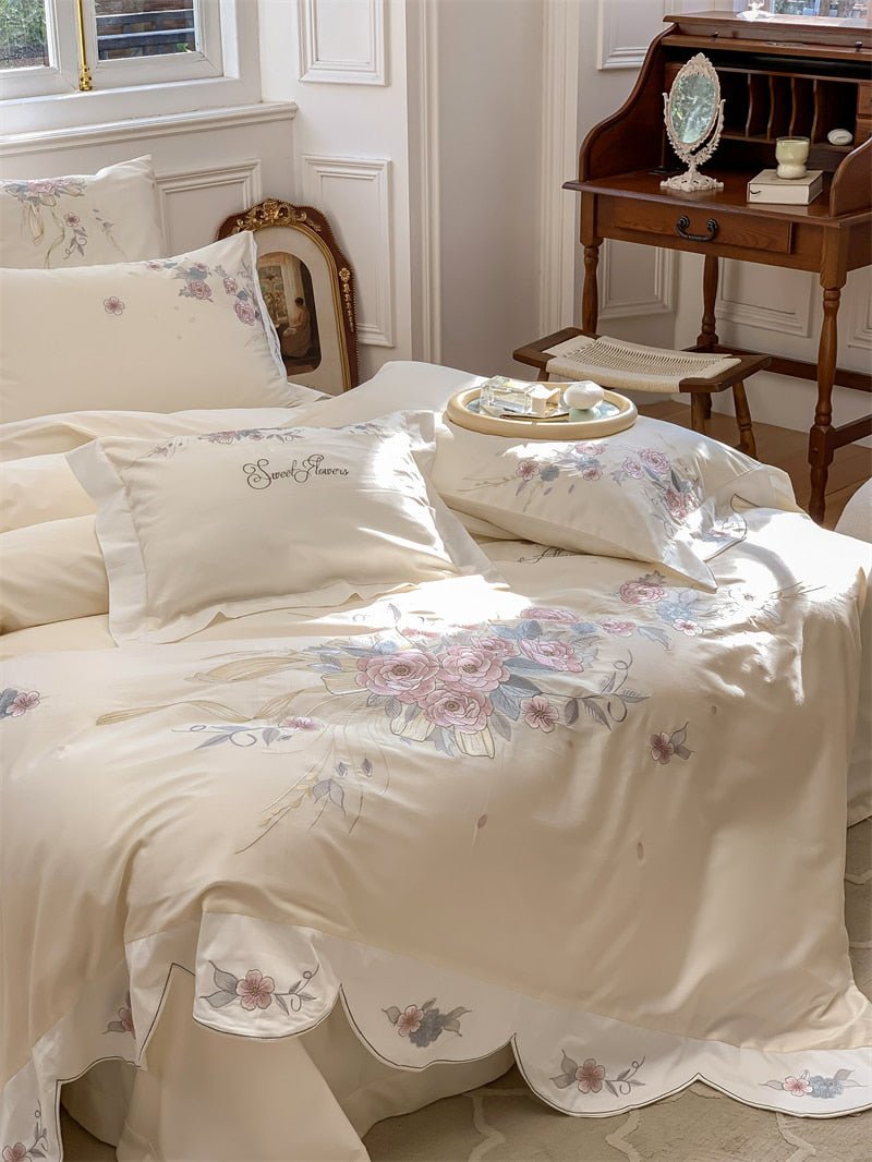 Chic Rose Flowers French Embroidered Curved Edge Duvet Cover, Egyptian Cotton 1000TC Bedding Set