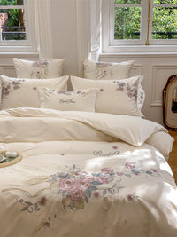 Thumbnail for Chic Rose Flowers French Embroidered Curved Edge Duvet Cover, Egyptian Cotton 1000TC Bedding Set