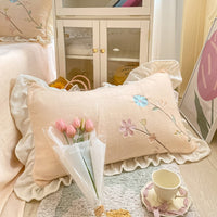 Thumbnail for Chic Blue Pink Flowers Embroidered Princess Velvet Fleece Duvet Cover Bedding Set