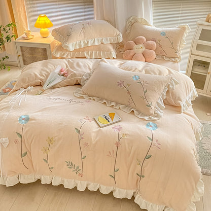 Chic Blue Pink Flowers Embroidered Princess Velvet Fleece Duvet Cover Bedding Set
