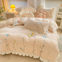 Thumbnail for Chic Blue Pink Flowers Embroidered Princess Velvet Fleece Duvet Cover Bedding Set