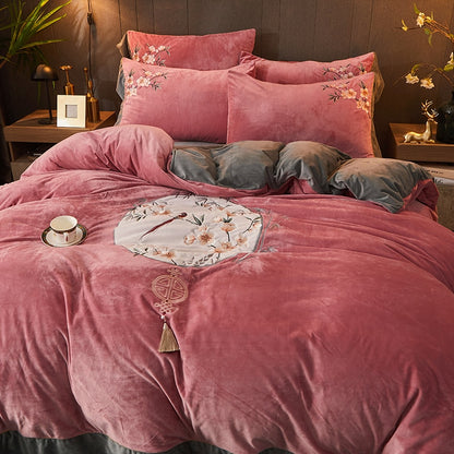 Pink Grey Oriental Flowers Bird Embroidered Velvet Fleece Duvet Cover Bedding Set