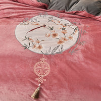 Thumbnail for Pink Grey Oriental Flowers Bird Embroidered Velvet Fleece Duvet Cover Bedding Set