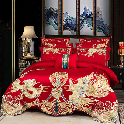 Gold Red Dragon Phoenix Wedding Egyptian Cotton 1200 Thread Count Embroidery Duvet Cover Bedding Set