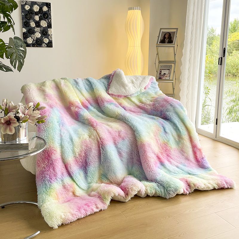 Colorful Rainbow Velvet Fleece Fluffy Patchwork Warm Winter Blankets for Bedding