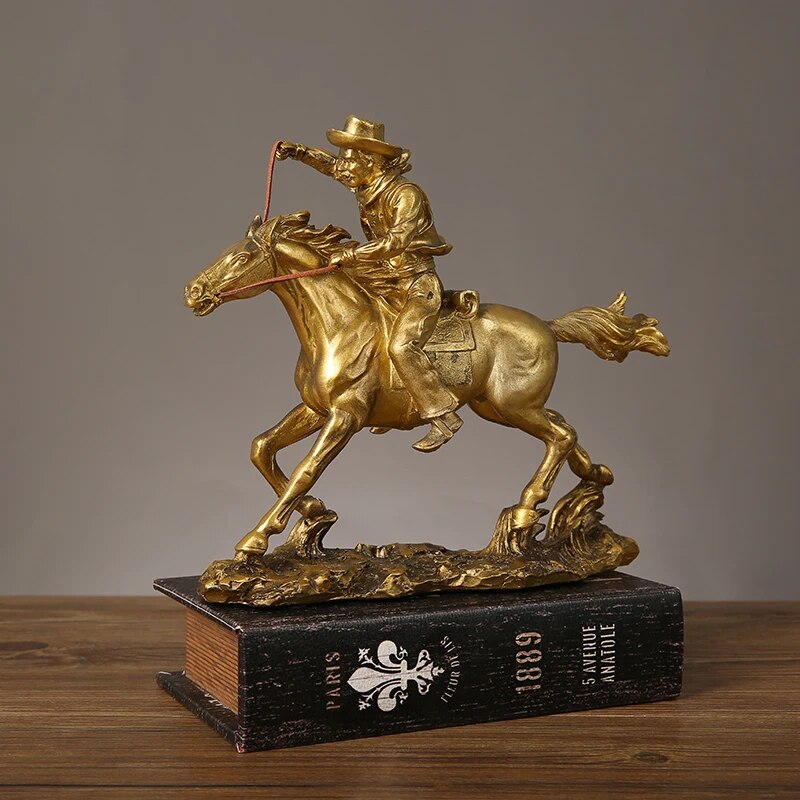 Cowboy And Horse Gold Resin Crafts Sculptures and Statues Decorations