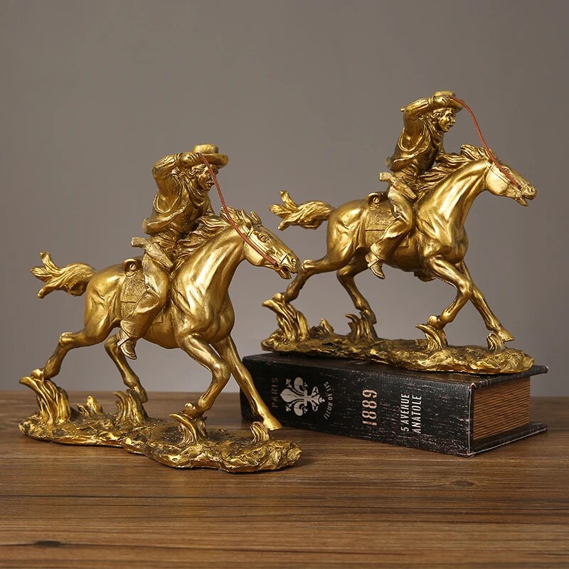 Cowboy And Horse Gold Resin Crafts Sculptures and Statues Decorations