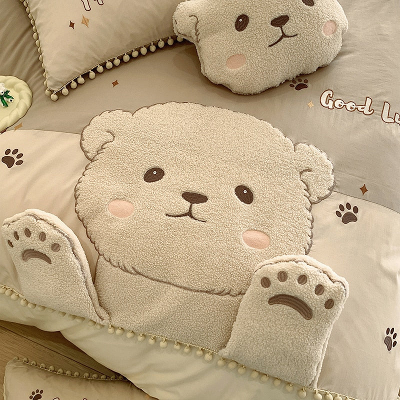 Brown Little Bear Embroidery Child Boys Duvet Cover Set, 100% Cotton Bedding Set