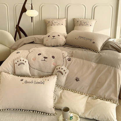 Brown Little Bear Embroidery Child Boys Duvet Cover Set, 100% Cotton Bedding Set