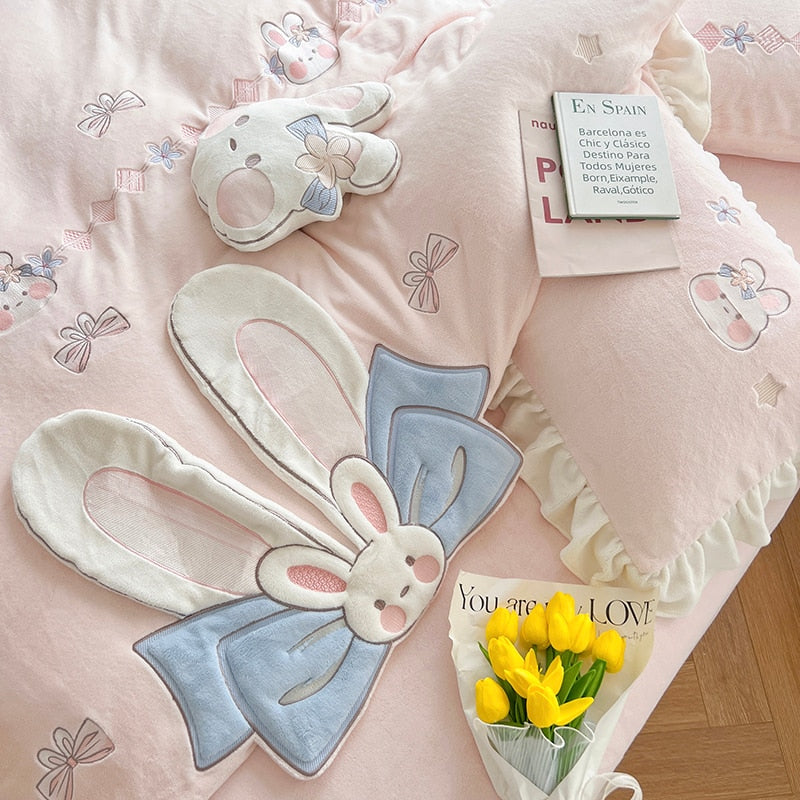 Premium Cartoon Big Ears Rabbits Kids Girls Short Plush Duvet Cover, Soft Milk Velvet Bedding Set