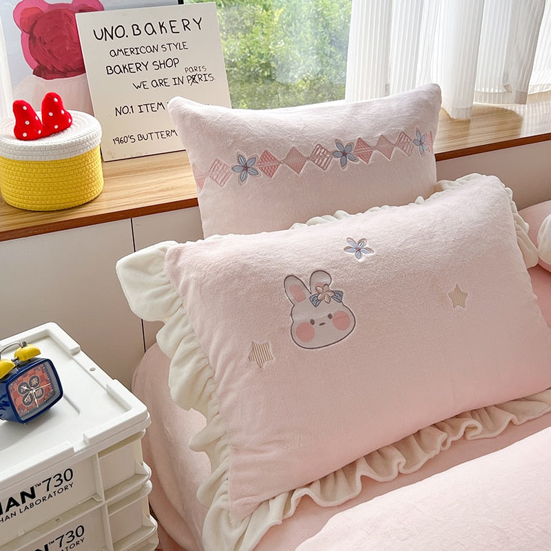 Premium Cartoon Big Ears Rabbits Kids Girls Short Plush Duvet Cover, Soft Milk Velvet Bedding Set