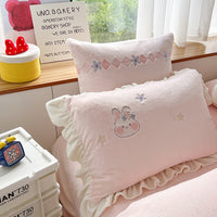 Thumbnail for Premium Cartoon Big Ears Rabbits Kids Girls Short Plush Duvet Cover, Soft Milk Velvet Bedding Set