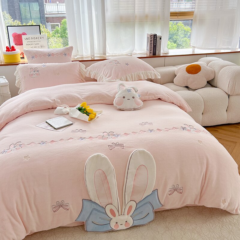 Premium Cartoon Big Ears Rabbits Kids Girls Short Plush Duvet Cover, Soft Milk Velvet Bedding Set