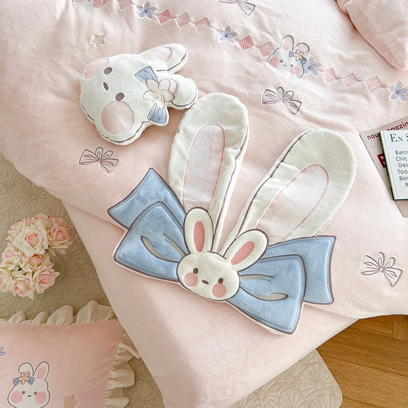 Premium Cartoon Big Ears Rabbits Kids Girls Short Plush Duvet Cover, Soft Milk Velvet Bedding Set