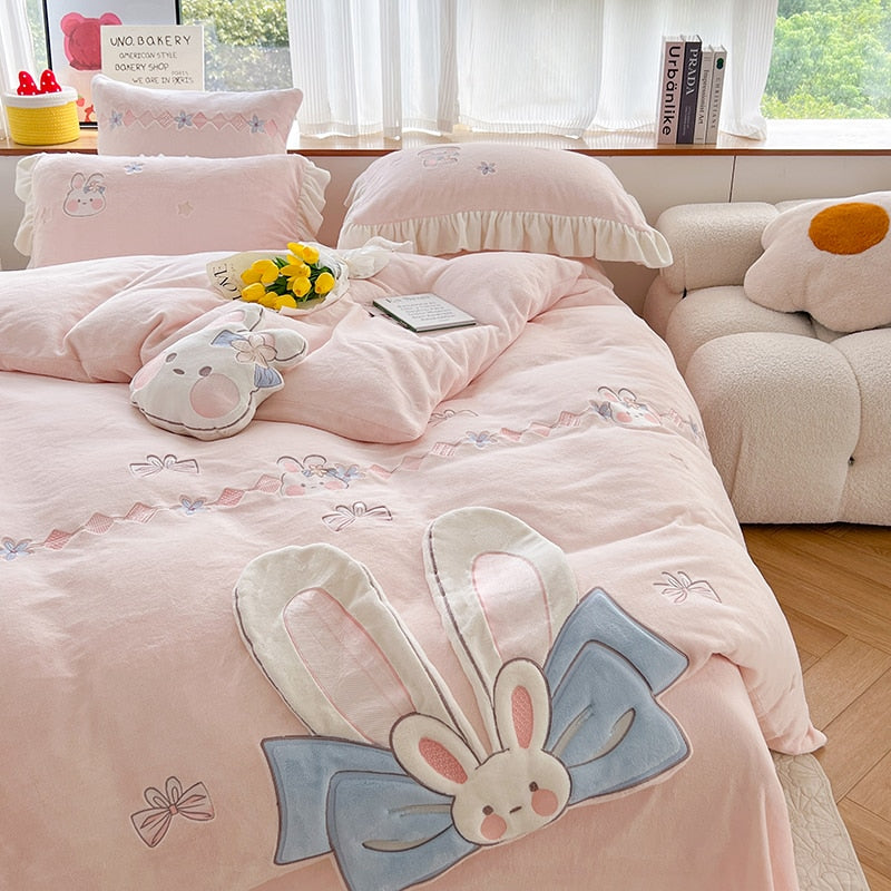 Premium Cartoon Big Ears Rabbits Kids Girls Short Plush Duvet Cover, Soft Milk Velvet Bedding Set