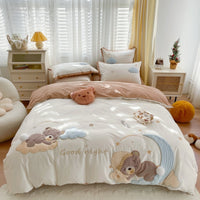 Thumbnail for Brown Kids Good Night Bear Star Kids Embroidered Duvet Cover Set, 100% Washed Cotton Bedding Set