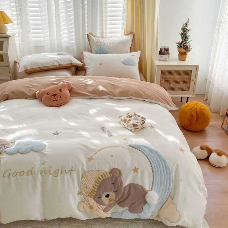 Brown Kids Good Night Bear Star Kids Embroidered Duvet Cover Set, 100% Washed Cotton Bedding Set