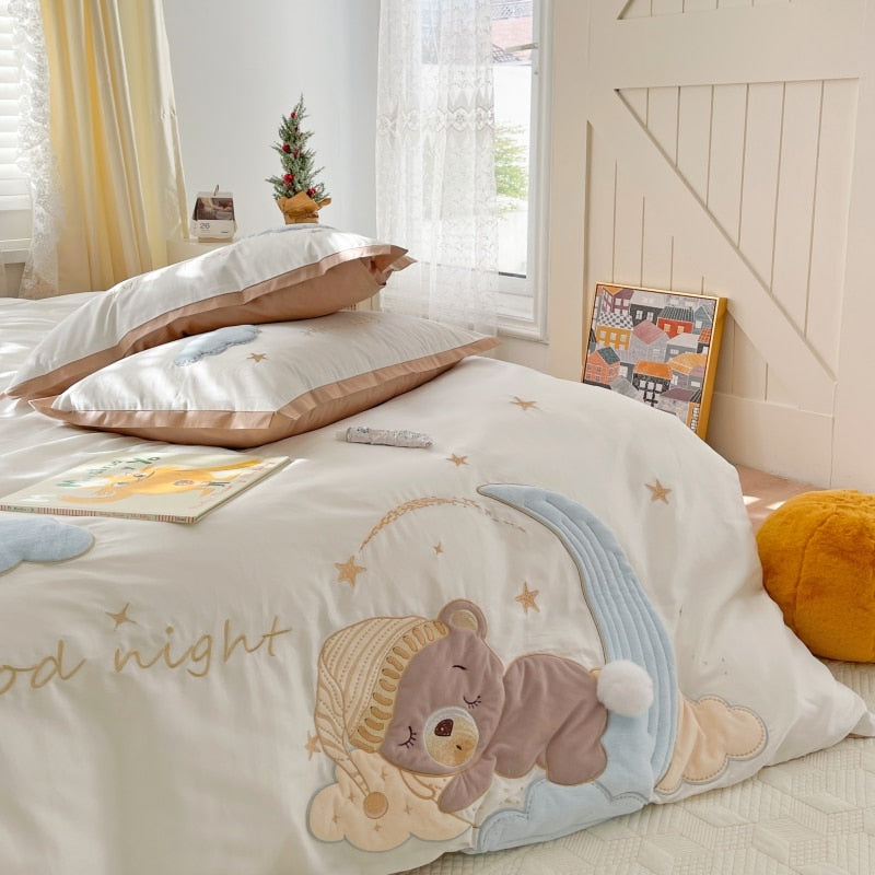 Brown Kids Good Night Bear Star Kids Embroidered Duvet Cover Set, 100% Washed Cotton Bedding Set